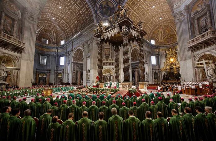 shutterstock_1864245124 Jonathan Cyprien among clergy during a mass in a grand cathedral interior