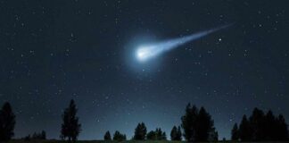 Bright meteor streaking across a starry night sky over a grassy field
