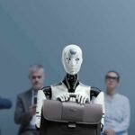 Jan-Peter Nikiferow seated with a humanoid robot holding a briefcase in front