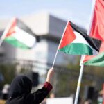 Person waving a Palestinian flag at a rally