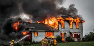 Firefighters battling a house engulfed in flames