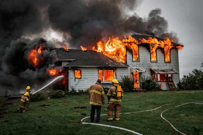 shutterstock_697223872 Firefighters battling a house engulfed in flames