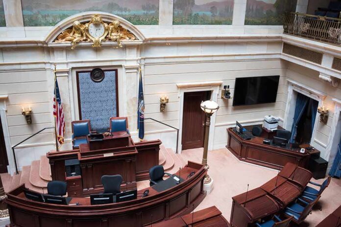Legislative chamber interior with dais and desks
