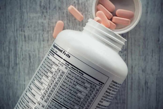shutterstock_730770136-1 Vitamin supplement bottle with pink tablets and nutrition label