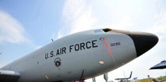 U.S. Air Force tanker aircraft on display at an airfield