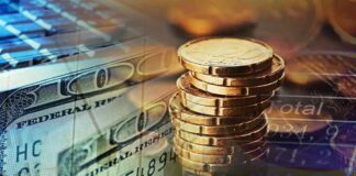 Stack of coins with US dollar bills and financial data overlay
