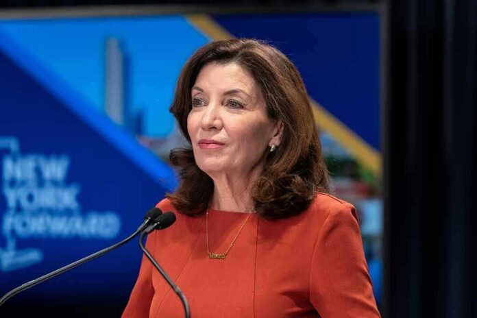 shutterstock_2050379687 Kathy Hochul speaking at a podium with microphones