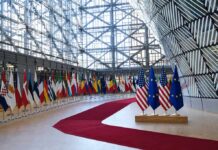Row of national flags in a modern glass atrium with red carpet and EU and US flags upfront